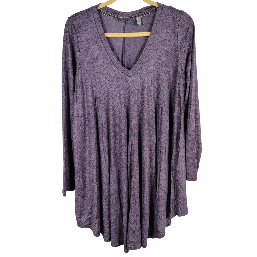 AnyBody Womens 1X V-Neck High-Low Tunic Purple Heathered Rayon Blend Lagenlook